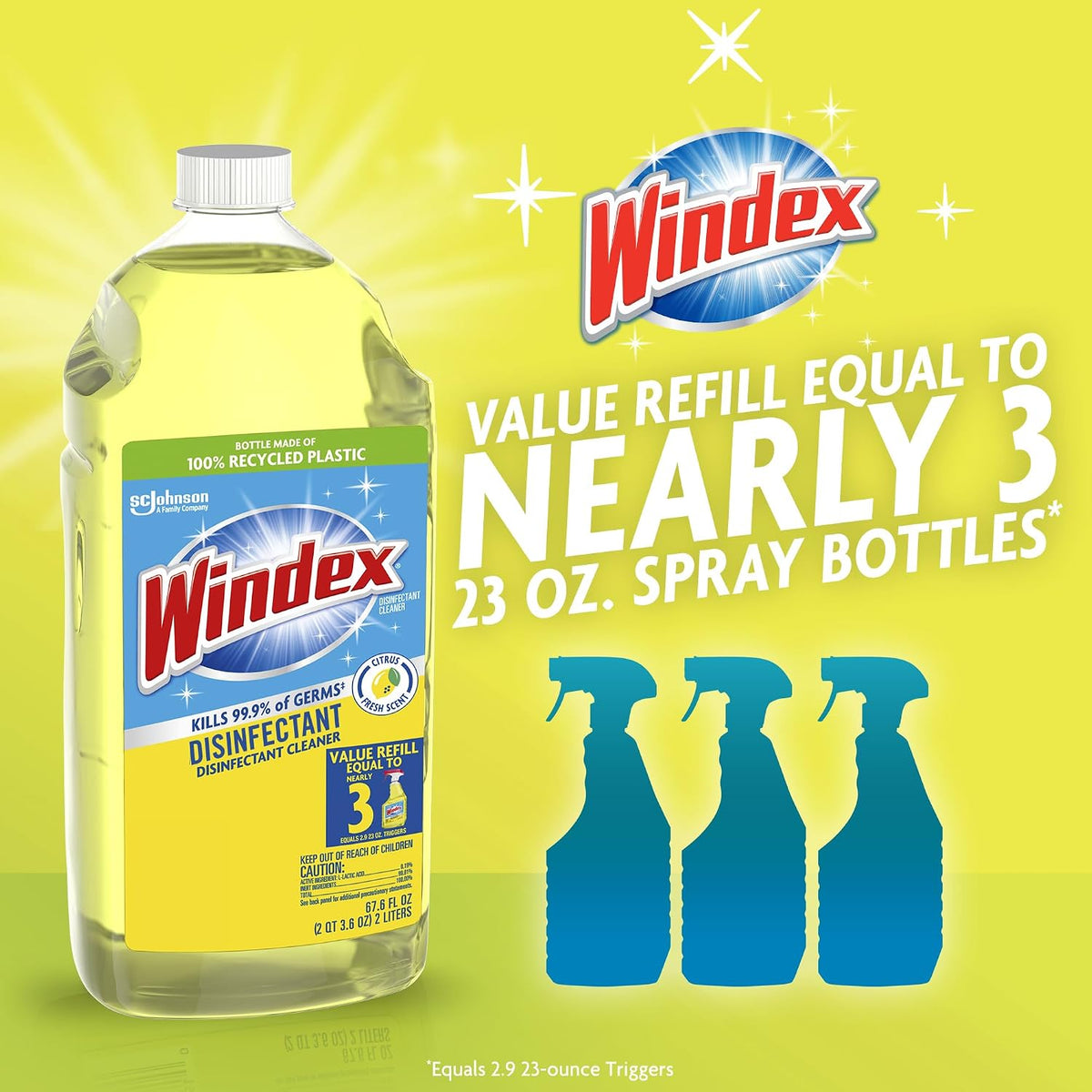 Windex Refill Multipurpose Disinfectant Cleaner Spray, Bottle Made from 100% Recycled Plastic, Surface Cleaning Spray, Citrus Fresh Scent, 2L (67.6 Fl Oz)