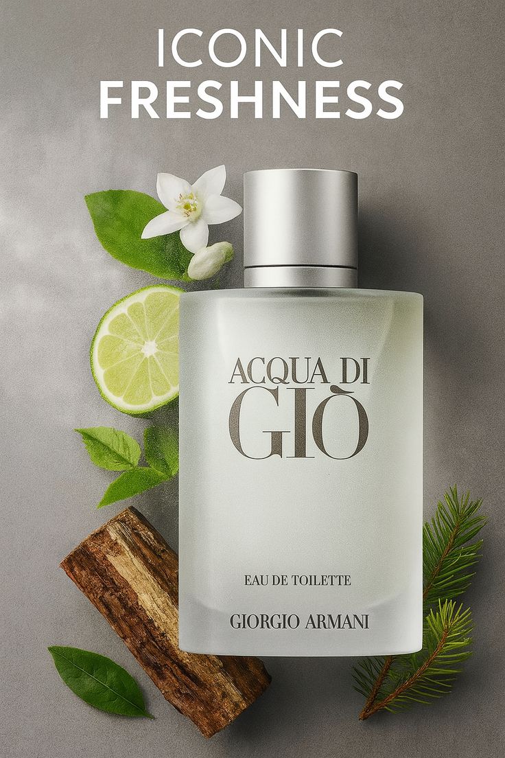 Acqua di GiΓ² perfume bottle with lime, leaves, and flowers on a gray background