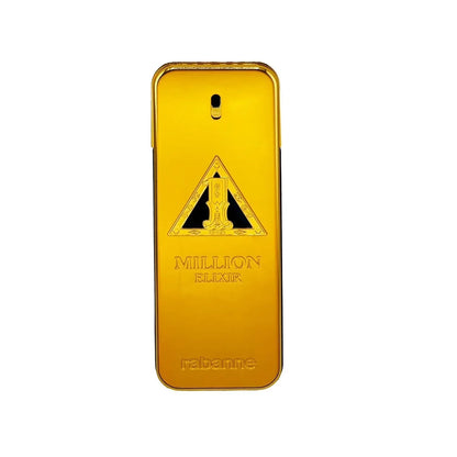 A gold-colored rectangular perfume bottle with a metallic finish, featuring the 'Million Elisk' logo and 'rabanne' brand name embossed on the front, set against a plain white background.