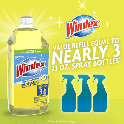 Windex Refill Multipurpose Disinfectant Cleaner Spray, Bottle Made from 100% Recycled Plastic, Surface Cleaning Spray, Citrus Fresh Scent, 2L (67.6 Fl Oz)
