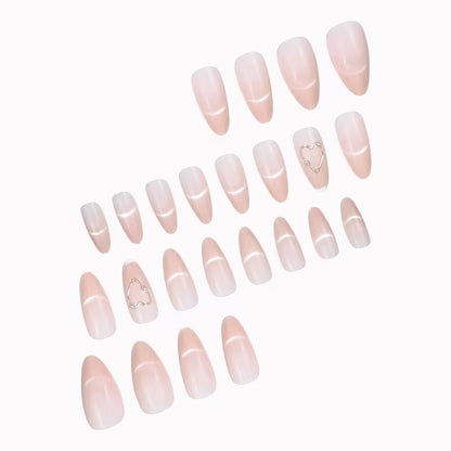 24pcs Pink Ombre Cat Eye Press-On Nails, Medium Almond Shape, Heart Design, Glossy Finish