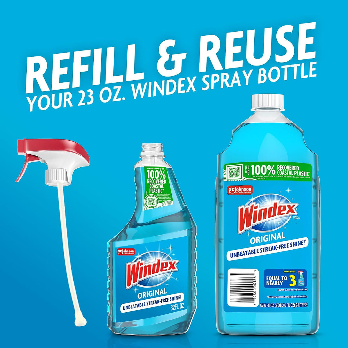 Windex refill glass and window cleaner, made from 100% recycled plastic, surface cleaning spray, original blue scent, 2L (67.6 fl oz)