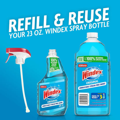 Windex refill glass and window cleaner, made from 100% recycled plastic, surface cleaning spray, original blue scent, 2L (67.6 fl oz)