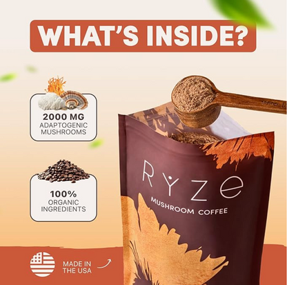 Ryze Mushroom Coffee package with text highlighting ingredients and branding
