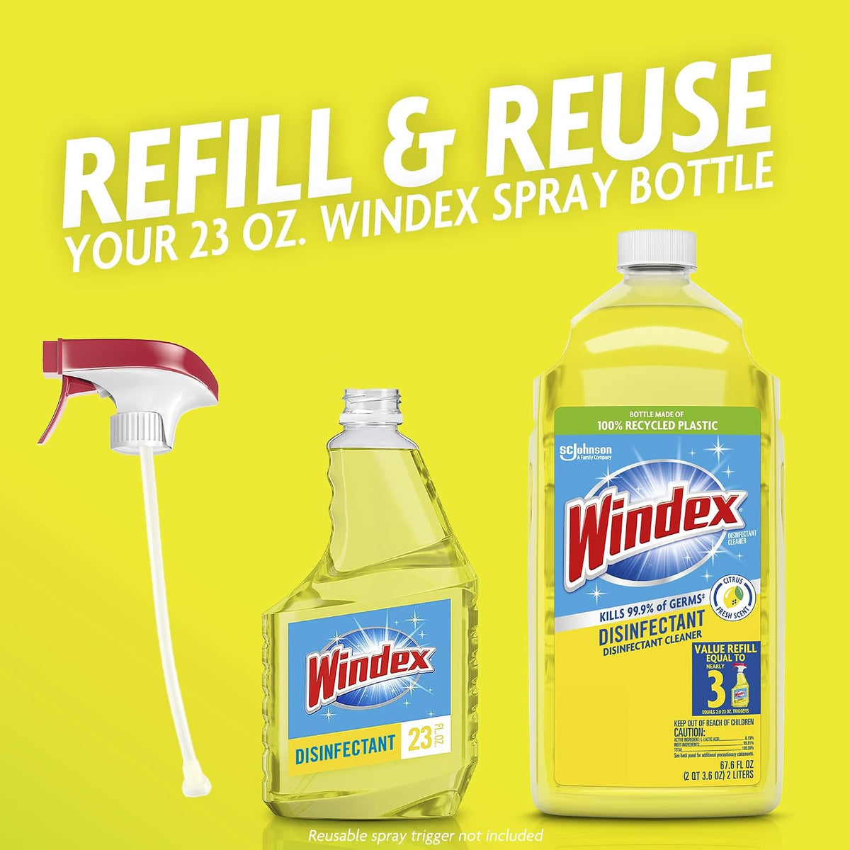 Windex Refill Multipurpose Disinfectant Cleaner Spray, Bottle Made from 100% Recycled Plastic, Surface Cleaning Spray, Citrus Fresh Scent, 2L (67.6 Fl Oz)