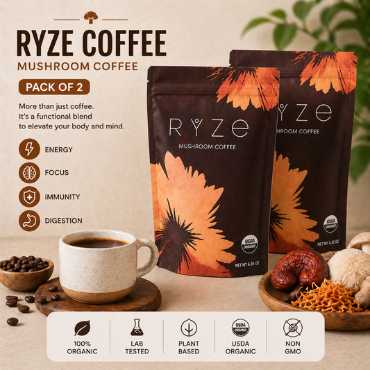 Two bags of RYZE Coffee Mushroom Coffee shown on a styled tabletop with a cup of coffee, coffee beans, dried mushrooms, and text callouts about energy, focus, immunity, and digestion.