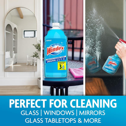 Windex refill glass and window cleaner, made from 100% recycled plastic, surface cleaning spray, original blue scent, 2L (67.6 fl oz)
