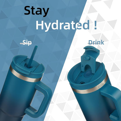 Blue water bottles with sippy and drink tops on a geometric patterned background with 'Stay Hydrated!' text.