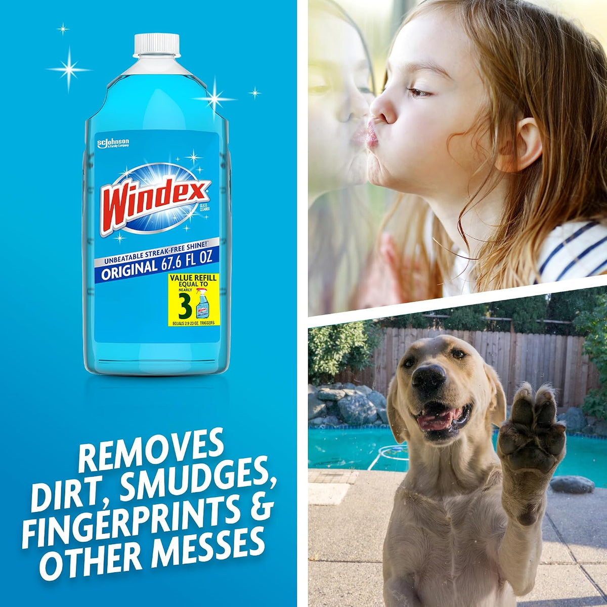 Windex refill glass and window cleaner, made from 100% recycled plastic, surface cleaning spray, original blue scent, 2L (67.6 fl oz)