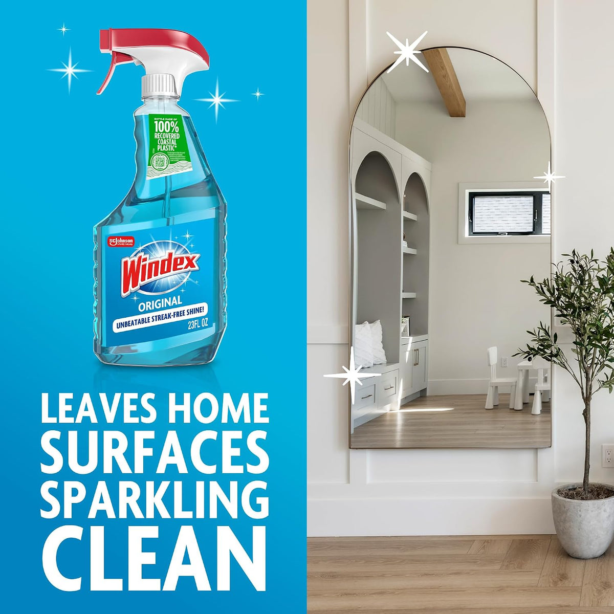 Windex Glass and Window Cleaner Spray Bottle, Packaging Designed to Prevent Leakage and Breaking, Surface Cleaning Spray, Original Blue Scent, 23 Fl Oz