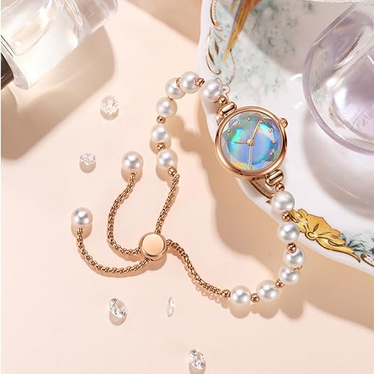 ADSBIAOYE Women’s Pearl Bracelet Watch – Elegant Gold Fashion Quartz Wristwatch