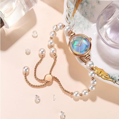 ADSBIAOYE Women’s Pearl Bracelet Watch – Elegant Gold Fashion Quartz Wristwatch