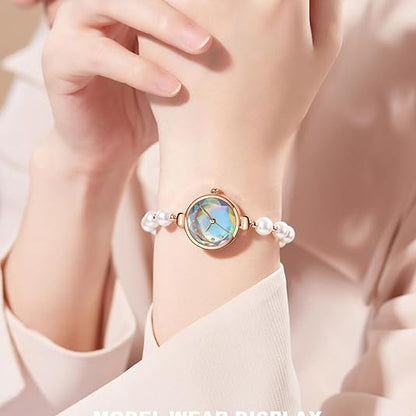 ADSBIAOYE Women’s Pearl Bracelet Watch – Elegant Gold Fashion Quartz Wristwatch