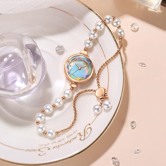 ADSBIAOYE Women’s Pearl Bracelet Watch – Elegant Gold Fashion Quartz Wristwatch