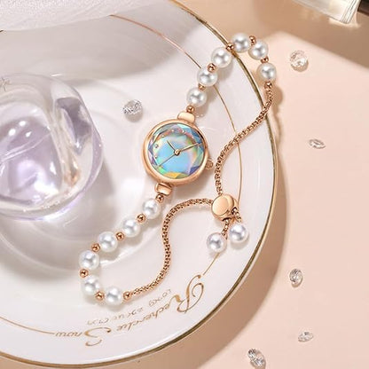 ADSBIAOYE Women’s Pearl Bracelet Watch – Elegant Gold Fashion Quartz Wristwatch