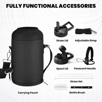 Black water bottle with accessories on a white background