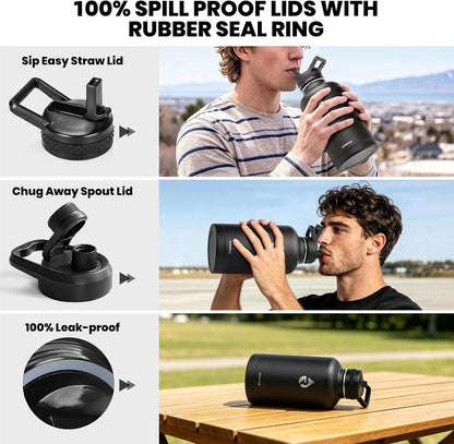 Promotional collage for spill-proof water bottle lids. The top text reads '100% SPILL PROOF LIDS WITH RUBBER SEAL RING.
