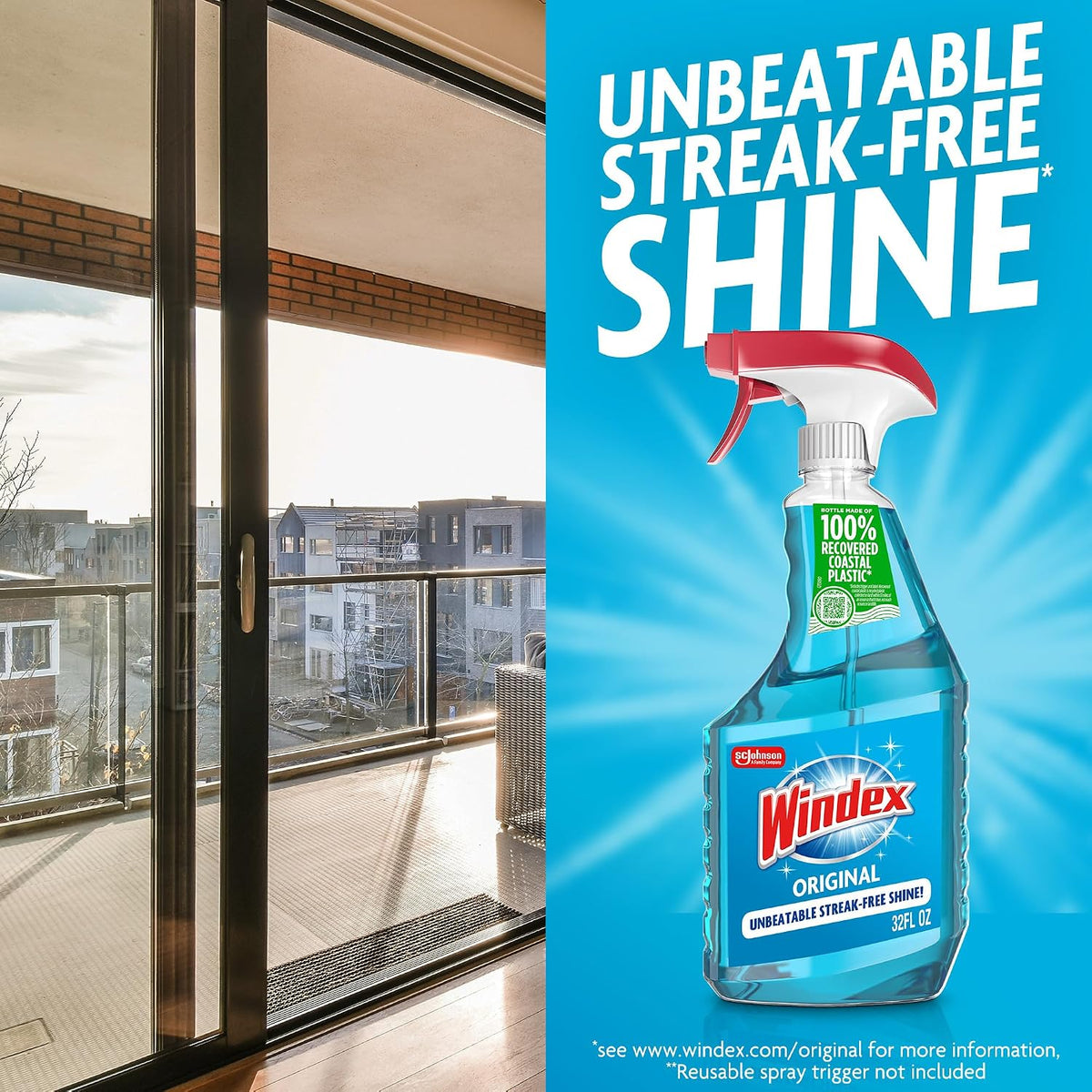 Windex refill glass and window cleaner, made from 100% recycled plastic, surface cleaning spray, original blue scent, 2L (67.6 fl oz)