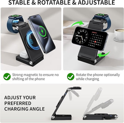 RYND 2026 Traveling Wireless Mag-Safe Fast Charging Station | Magnetic 3 in 1 Charger with Light for iPhone 17 16 15 14 13 12 Pro Max Plus,Apple Watch Series & Air pods 4 3 2 Pro(Black)