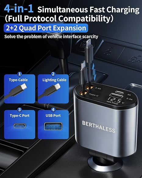 Retractable Car Charger,4 in 1 Fast Charging Car Charger with USB-C & USB-A