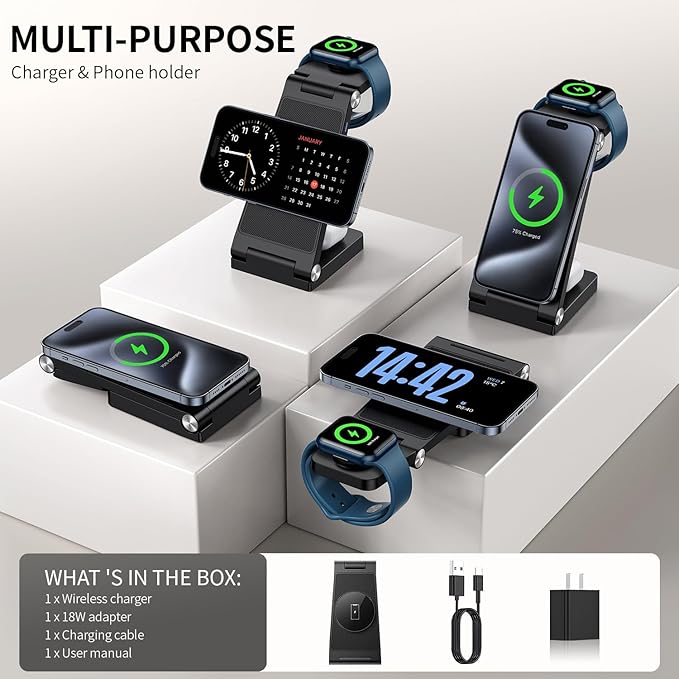 RYND 2026 Traveling Wireless Mag-Safe Fast Charging Station | Magnetic 3 in 1 Charger with Light for iPhone 17 16 15 14 13 12 Pro Max Plus,Apple Watch Series & Air pods 4 3 2 Pro(Black)