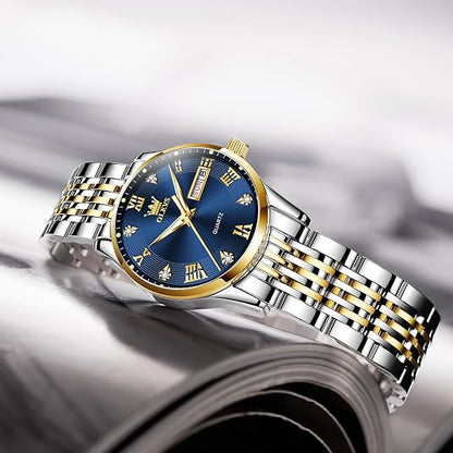 OLEVS Women’s Luxury Watch – Gold Stainless Steel Day & Date Quartz Wristwatch