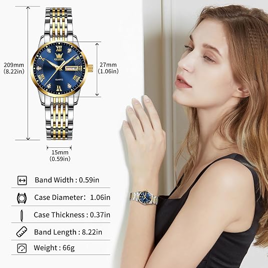 OLEVS Women’s Luxury Watch – Gold Stainless Steel Day & Date Quartz Wristwatch