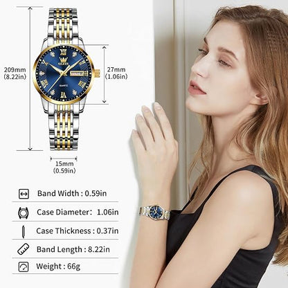OLEVS Women’s Luxury Watch – Gold Stainless Steel Day & Date Quartz Wristwatch