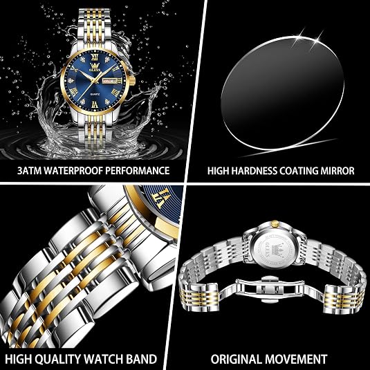 OLEVS Women’s Luxury Watch – Gold Stainless Steel Day & Date Quartz Wristwatch