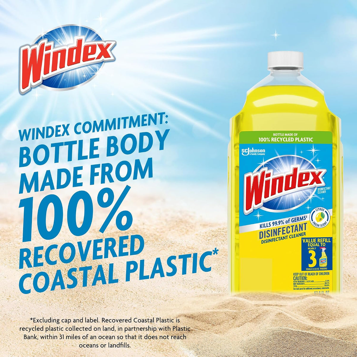Windex Refill Multipurpose Disinfectant Cleaner Spray, Bottle Made from 100% Recycled Plastic, Surface Cleaning Spray, Citrus Fresh Scent, 2L (67.6 Fl Oz)