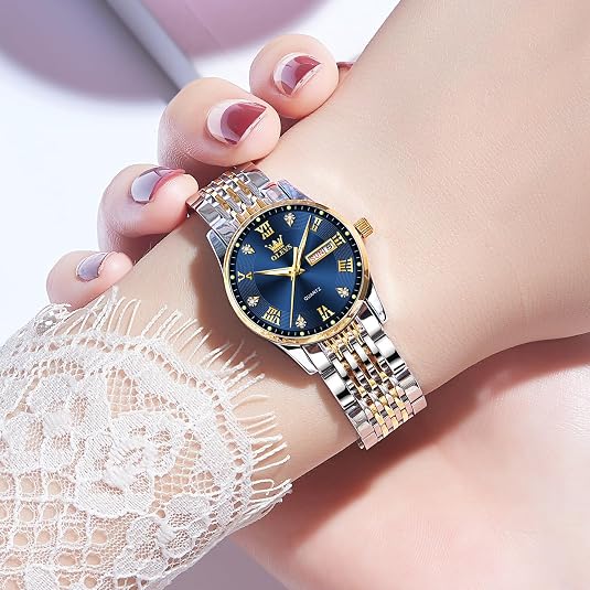 OLEVS Women’s Luxury Watch – Gold Stainless Steel Day & Date Quartz Wristwatch