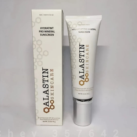 ALASTIN SKINCARE Hydratint Pro Mineral Sunscreen shown as a white squeeze tube with a silver cap next to its matching white packaging box on a light gray background.