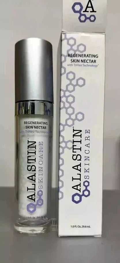 A bottle of Alastin Skincare Regenerating Skin Nectar next to its white and purple packaging box, displayed on a neutral gray background.