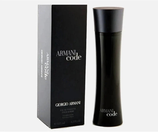 Giorgio Armani Code Eau de Toilette bottle and packaging box, both in black, on a light gray background.