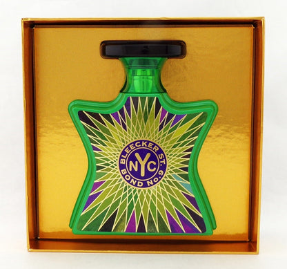 Green perfume bottle with 'Bleecker St. NYC Bond No 9' label in a gold box