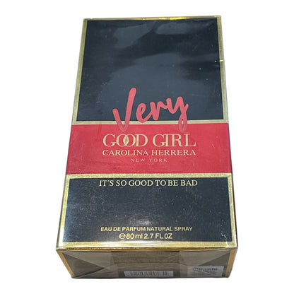 Carolina Herrera Very Good Girl Eau de Parfum natural spray 90ml box, featuring a black and red design with gold lettering and borders.