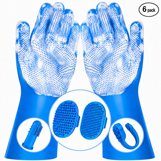 6PCS Pet Grooming & Bath Kit – Dog Washing Gloves, Bath Brush & Shower Grooming Tools