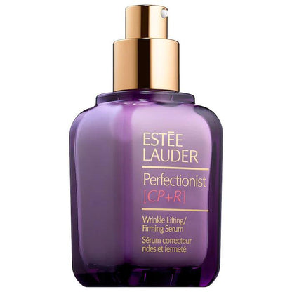 Estée Lauder Perfectionist [CP+R] Wrinkle Lifting/Firming Serum in a purple glass bottle with a gold pump dispenser, shown on a plain white background.