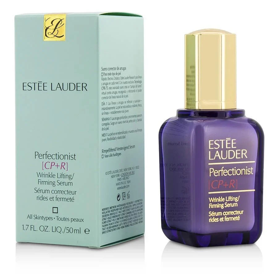 Estée Lauder Perfectionist [CP+R] Wrinkle Lifting/Firming Serum shown with its light blue-green packaging box and the purple bottle with a gold cap on a white background.