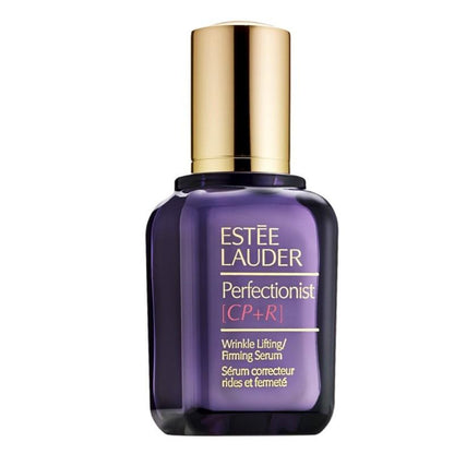 Estée Lauder Perfectionist [CP+R] Wrinkle Lifting/Firming Serum in a dark purple glass bottle with a metallic gold cap, shown on a plain white background.