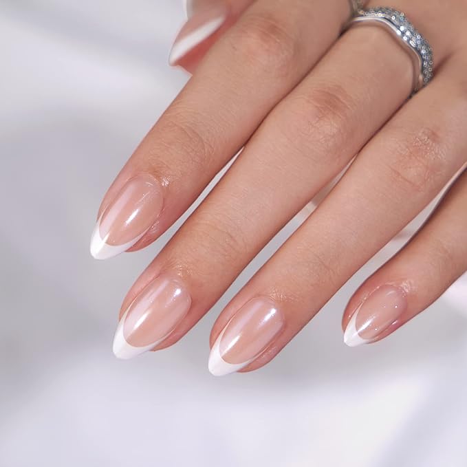 French Tip Press On Nails - BTArtbox White Almond Medium Reusable Stick On Nails in 15 Sizes - 30 Soft Gel Fake Nail Kit for Women Gift, Classic