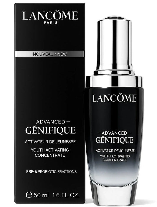 Lancôme Paris Advanced Génifique Youth Activating Concentrate shown with its black retail box and the dark glass bottle with a reflective silver cap on a white background.