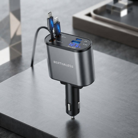 Retractable Car Charger,4 in 1 Fast Charging Car Charger with USB-C & USB-A