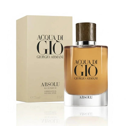 Giorgio Armani Acqua di Gio Absolu Eau de Parfum bottle with amber liquid and a dark wood-textured cap, shown next to its beige packaging box on a white background.