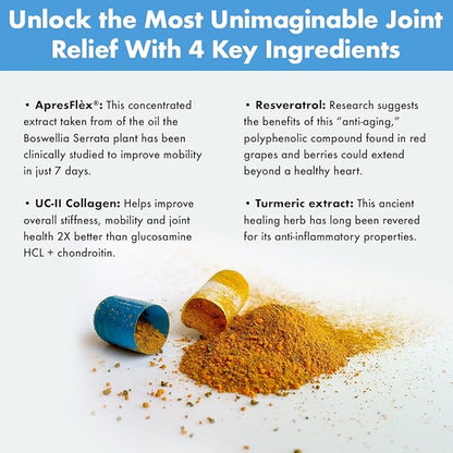 Product packaging with powdered substance and text about joint relief ingredients on a white background.