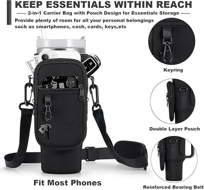 Black 2-in-1 carrier bag with pouch design for essentials storage, featuring keyring, double layer pouch, and reinforced bearing belt.