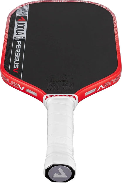 A red and black ASV Pucksv V2.0 pickleball paddle with a white wrapped handle, shown against a solid white background.