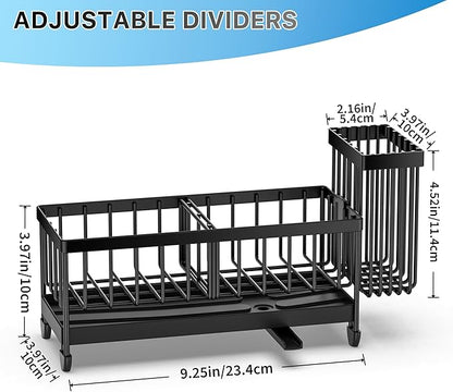 Black dish drying rack with adjustable dividers and measurements on a white background