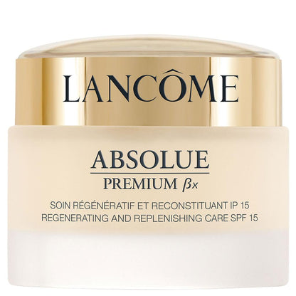 Lancôme Absolue Premium bøx for SPF 15, featuring a cream-colored jar with a metallic gold lid and black lettering, set against a plain white background.