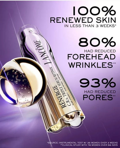 Lancème eye serum with promotional text on a purple background